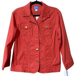 Lara lane pumpkin button front studded casual stretchy denim jacket size 12